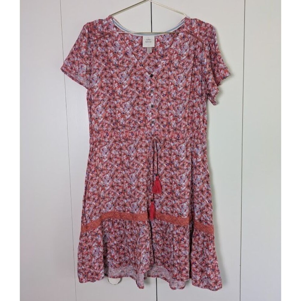Knox Rose Women Small Floral V-Neck Flutter Sleeve Button Front Rayon Dress Pink